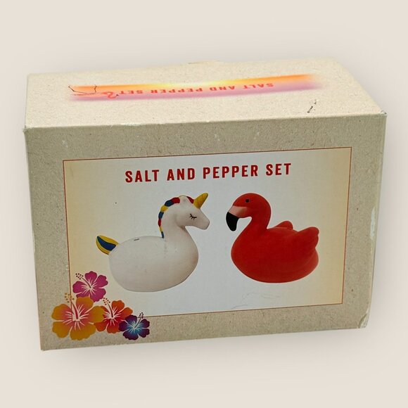 New Unicorn & Flamingo Floaties Ceramic Salt & Pepper Shaker Set Cracker Barrel - Picture 1 of 5